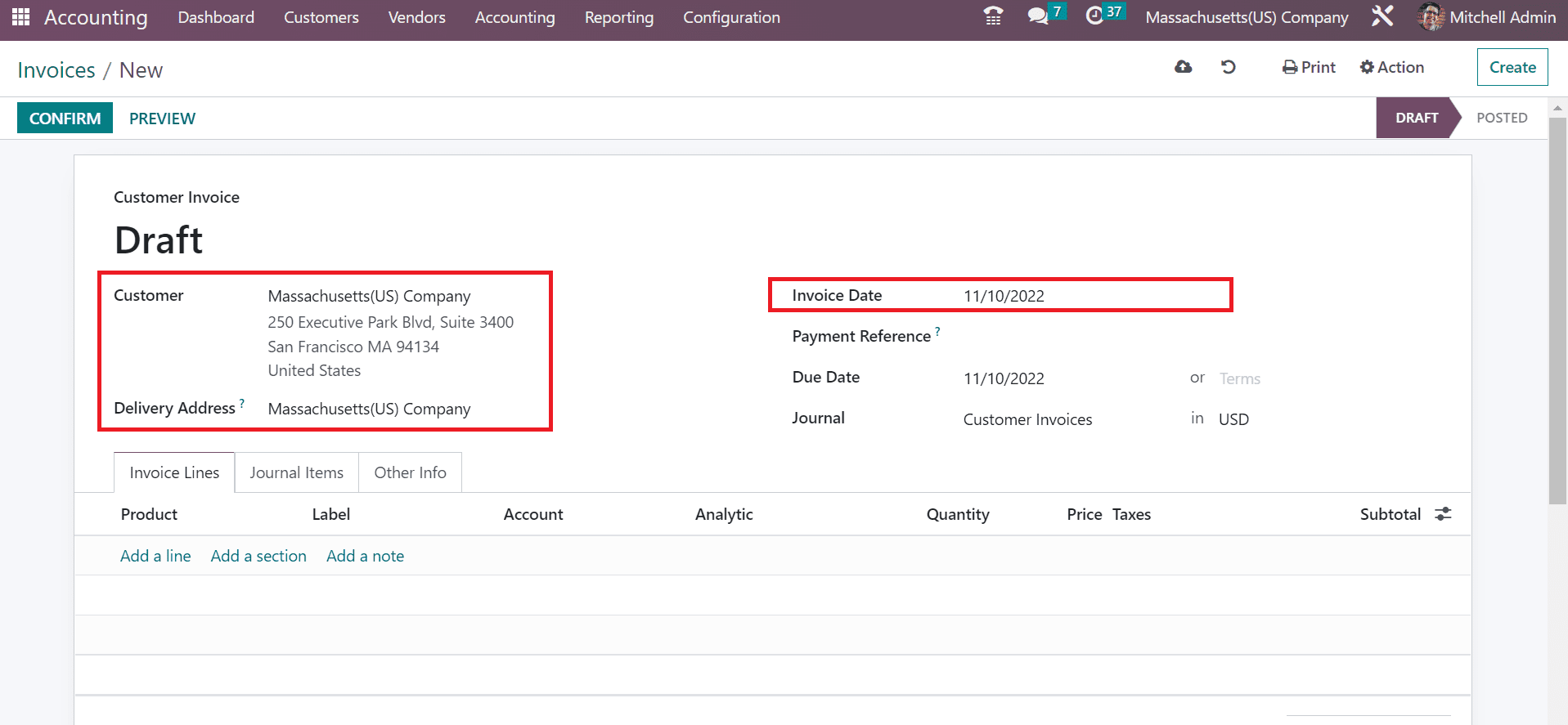 Massachusetts(USA) Sales Tax Calculation in the Odoo 16 Accounting-cybrosys