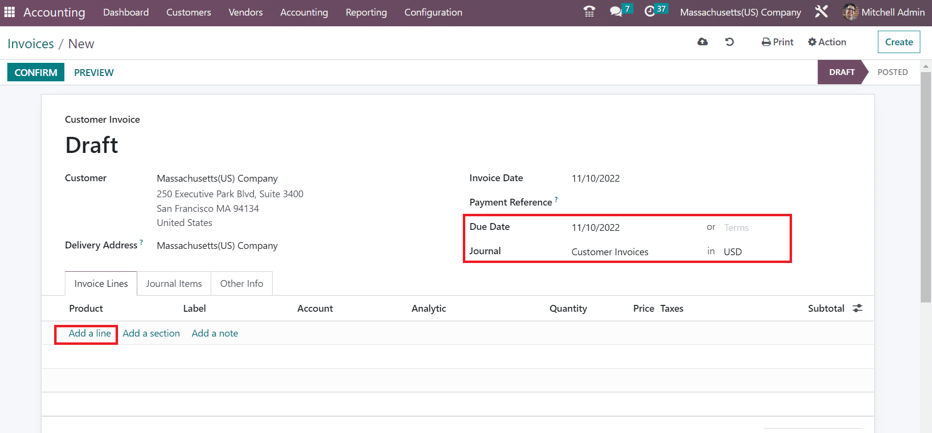 Massachusetts(USA) Sales Tax Calculation in the Odoo 16 Accounting-cybrosys