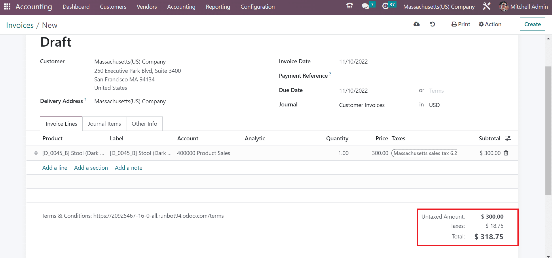 Massachusetts(USA) Sales Tax Calculation in the Odoo 16 Accounting-cybrosys