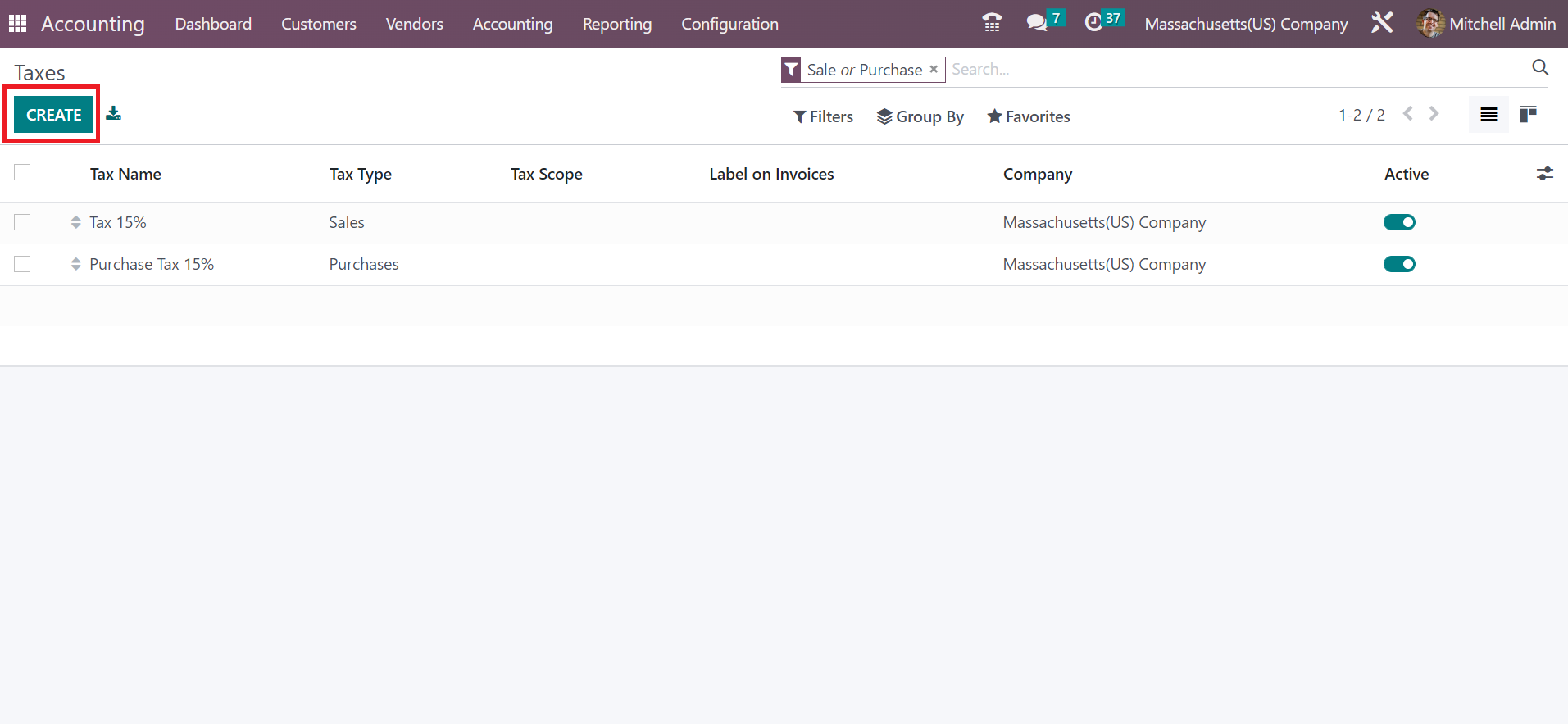 Massachusetts(USA) Sales Tax Calculation in the Odoo 16 Accounting-cybrosys