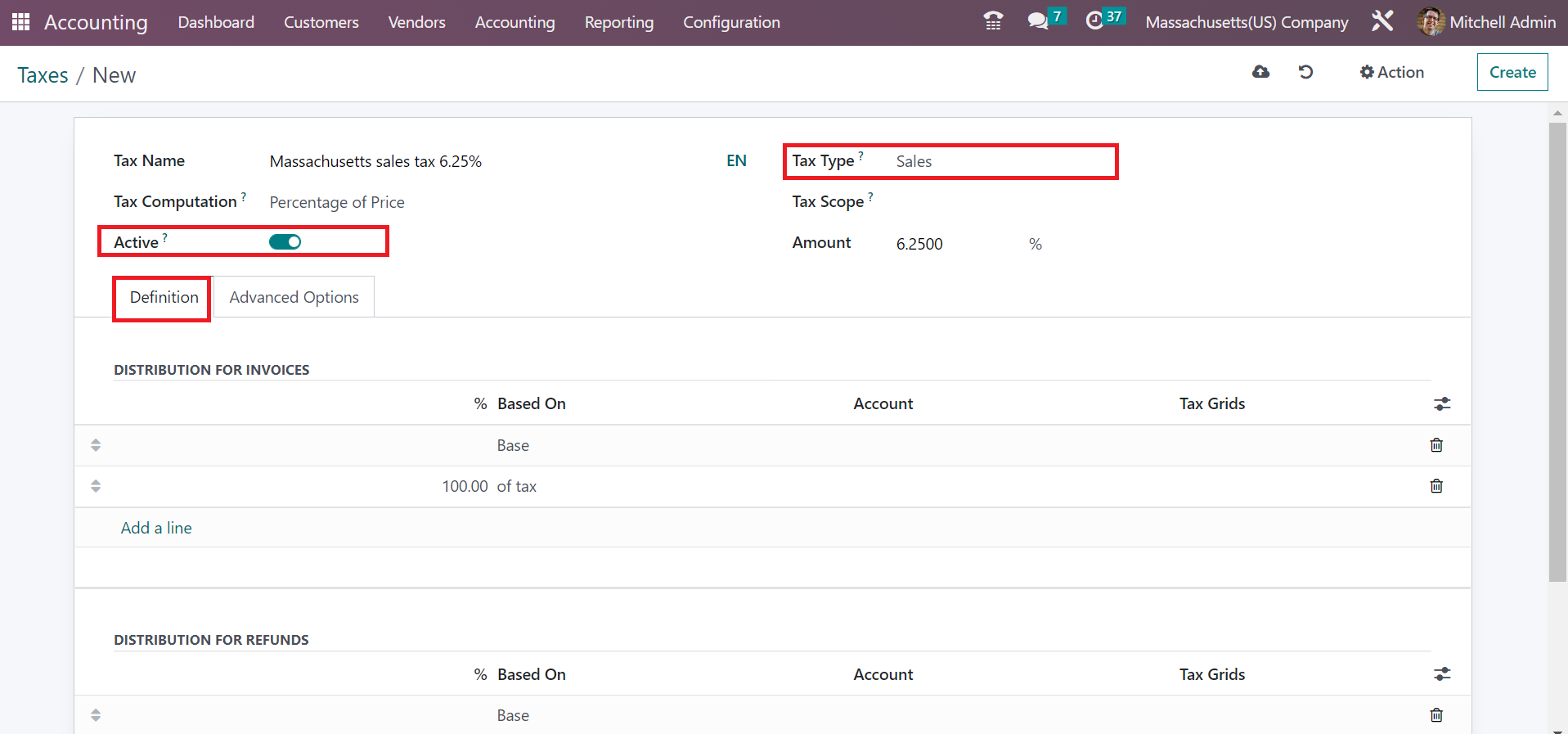 Massachusetts(USA) Sales Tax Calculation in the Odoo 16 Accounting-cybrosys