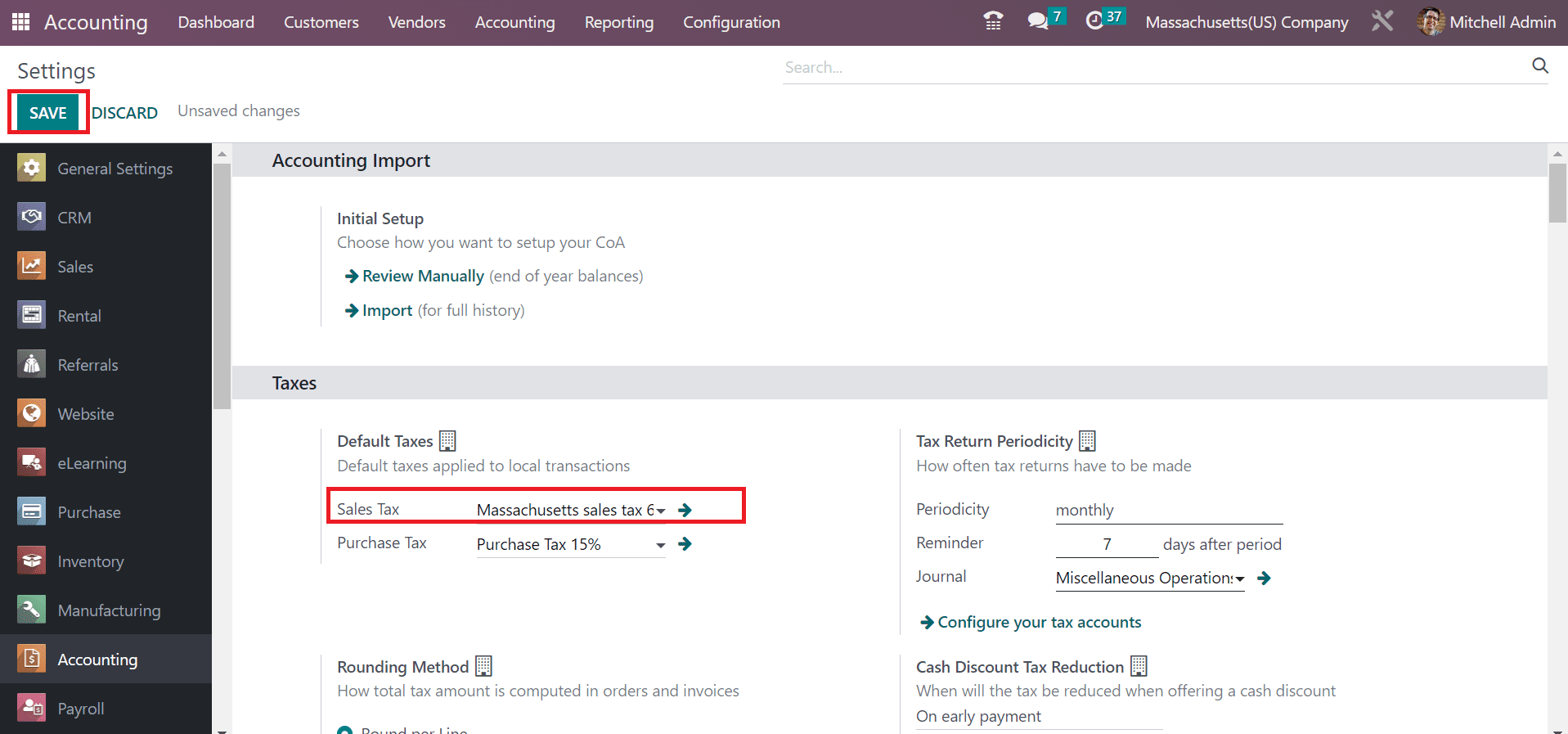 Massachusetts(USA) Sales Tax Calculation in the Odoo 16 Accounting-cybrosys