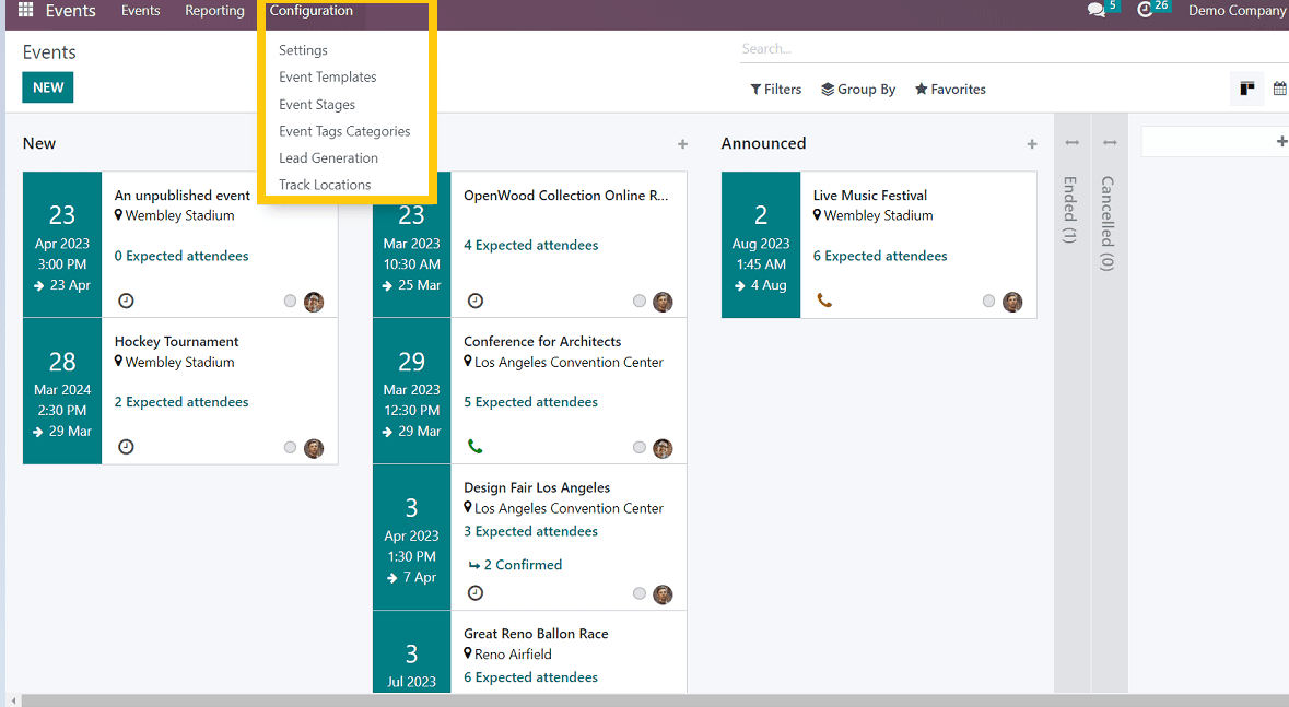 Overview of Configuration Menu of Odoo 16 Events App